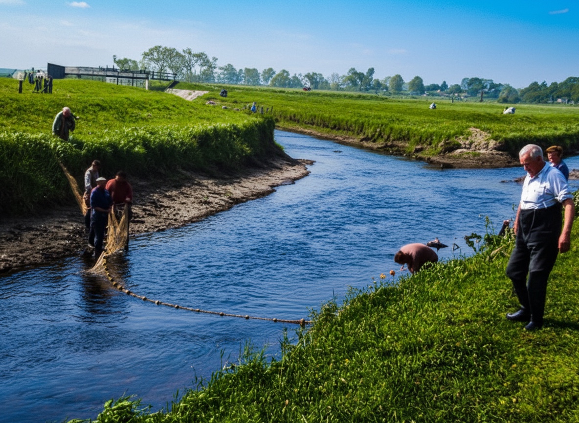 Fischzug an der Sule – Sulinger Bürger mit dem Netz – koloriert